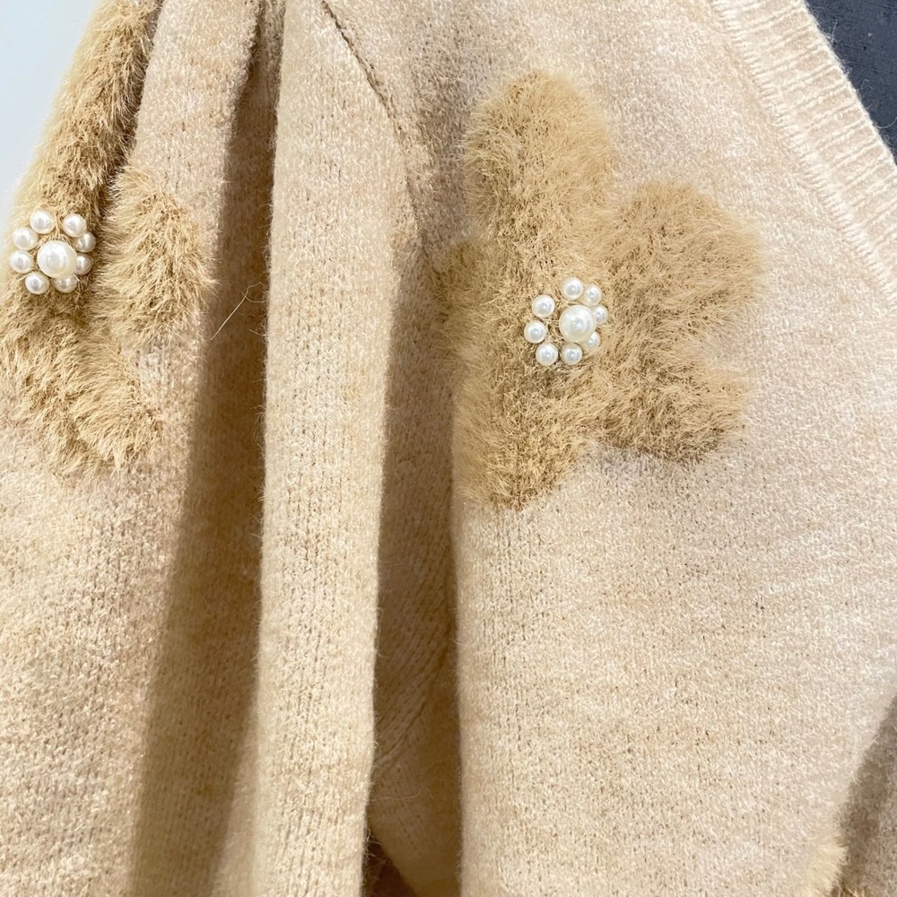 Nanette‎ Lepore Beige Embellished Floral Fuzzy Button Up Cardigan Sweater XL - Picture 4 of 8